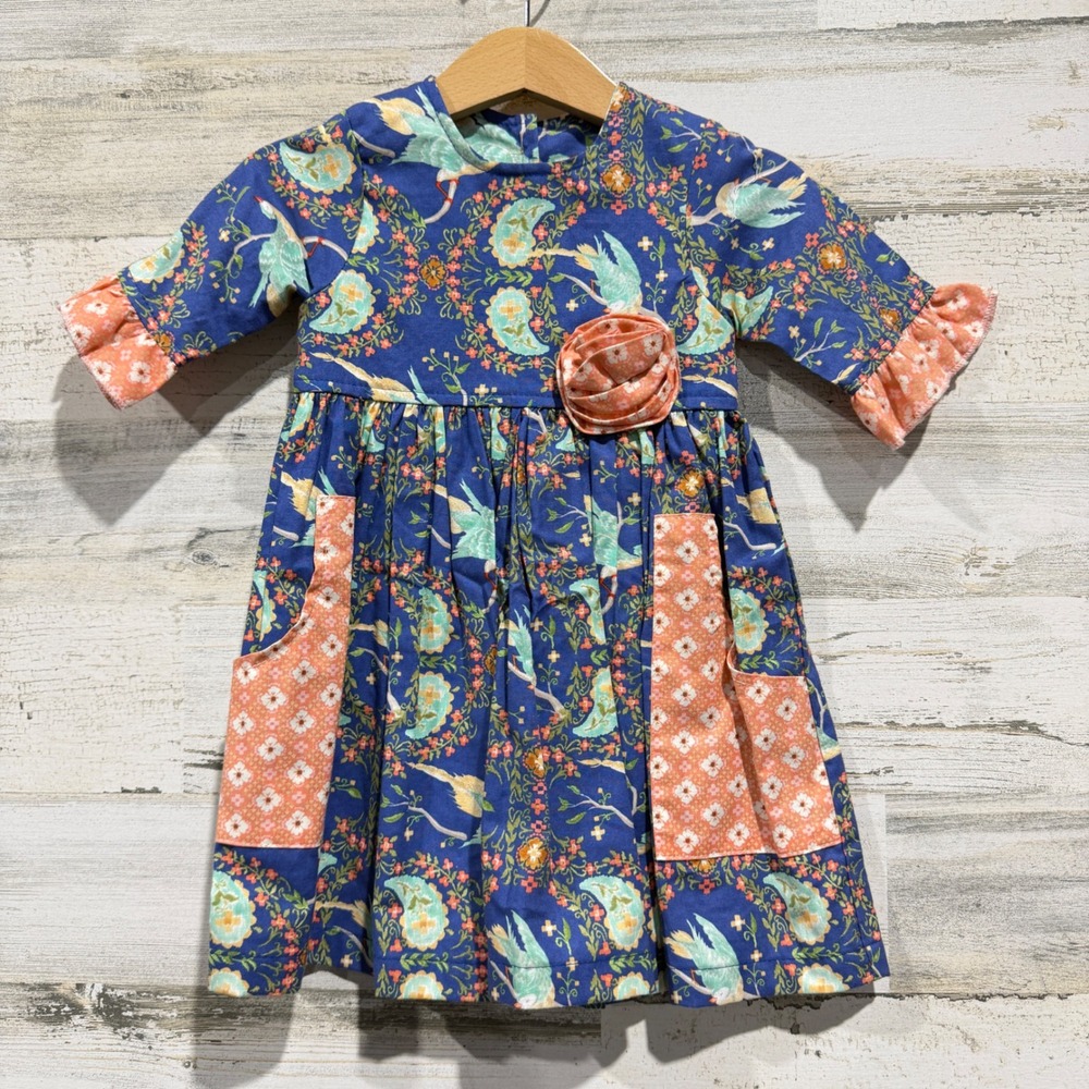 P. Cottontail & Co Phoebe Dress Girls 12M Blue Bird Floral Cottagecore NWT